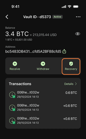 Recovery button for Debifi Bitcoin Vault