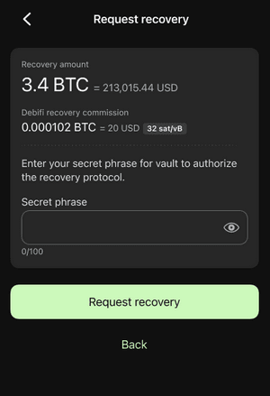 Put secret phrase and initiate Bitcoin vault recovery